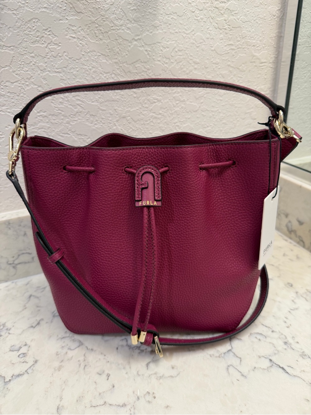 NWT Furla Atena Bucket Bag Raspberry Pebbled Leather